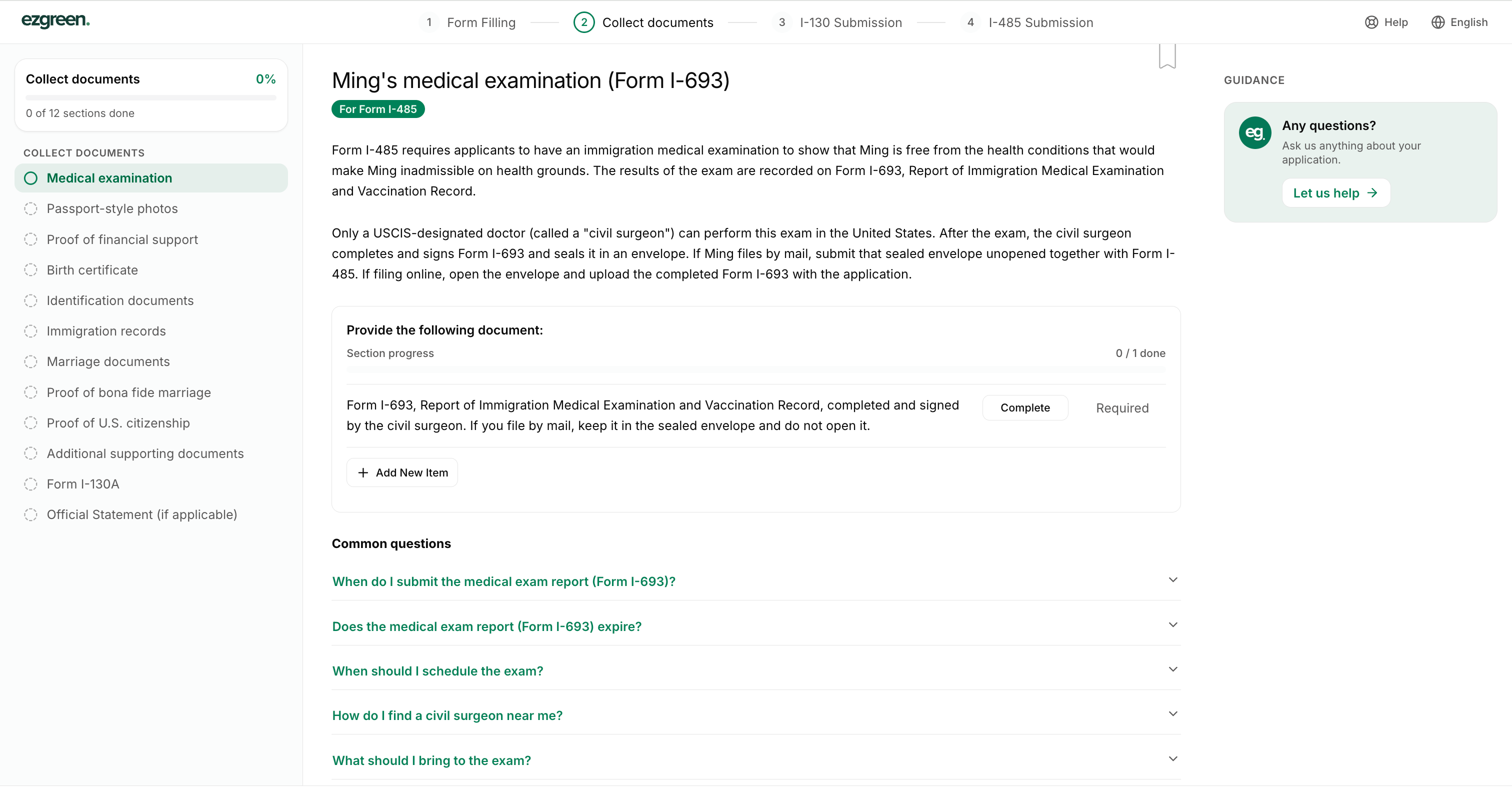 ezgreen's Collect documents page with medical examination guidance and categories for photos, financial support, birth records and marriage evidence