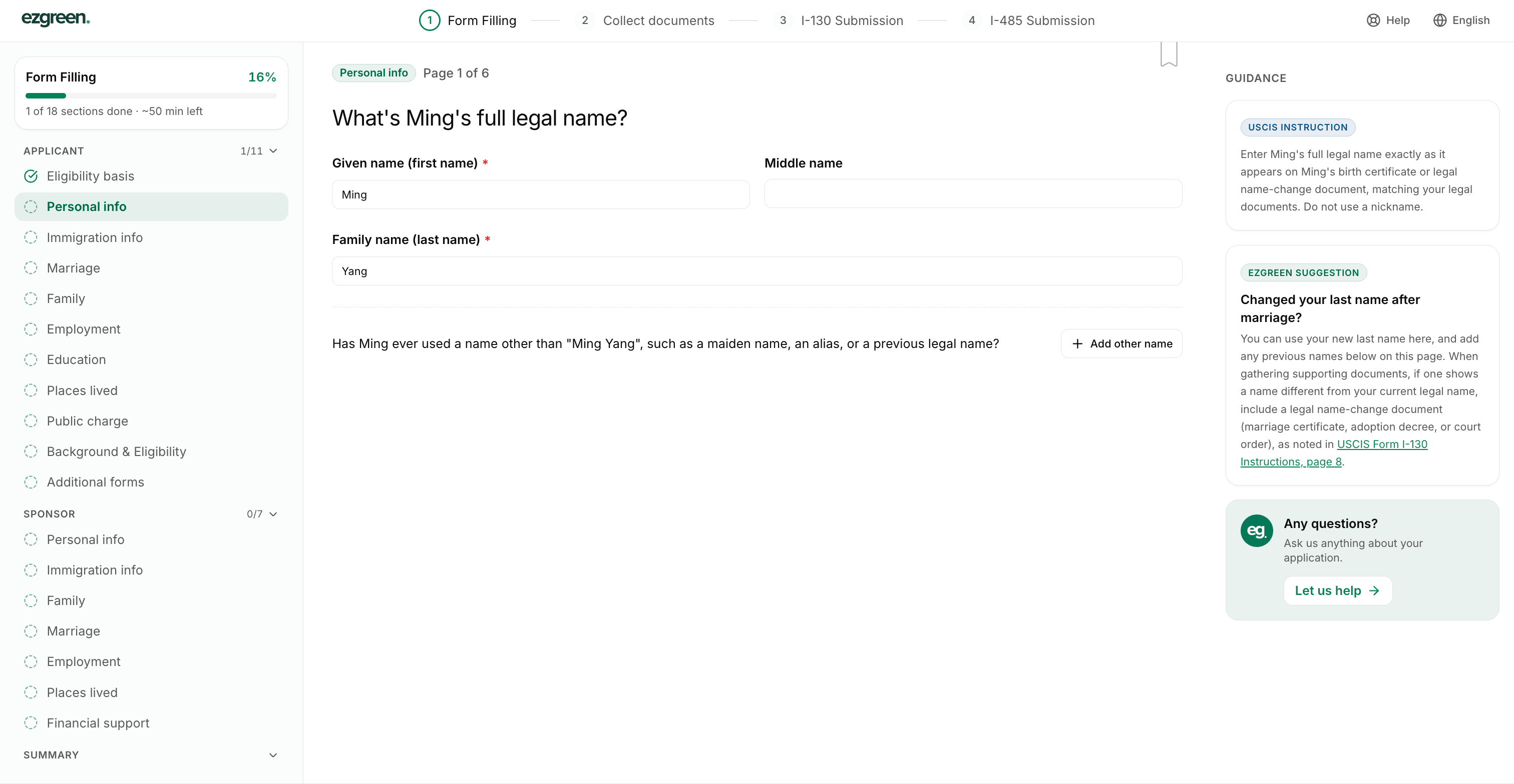 ezgreen's Form Filling page with applicant and sponsor sections on the left, name fields in the center and guidance on the right
