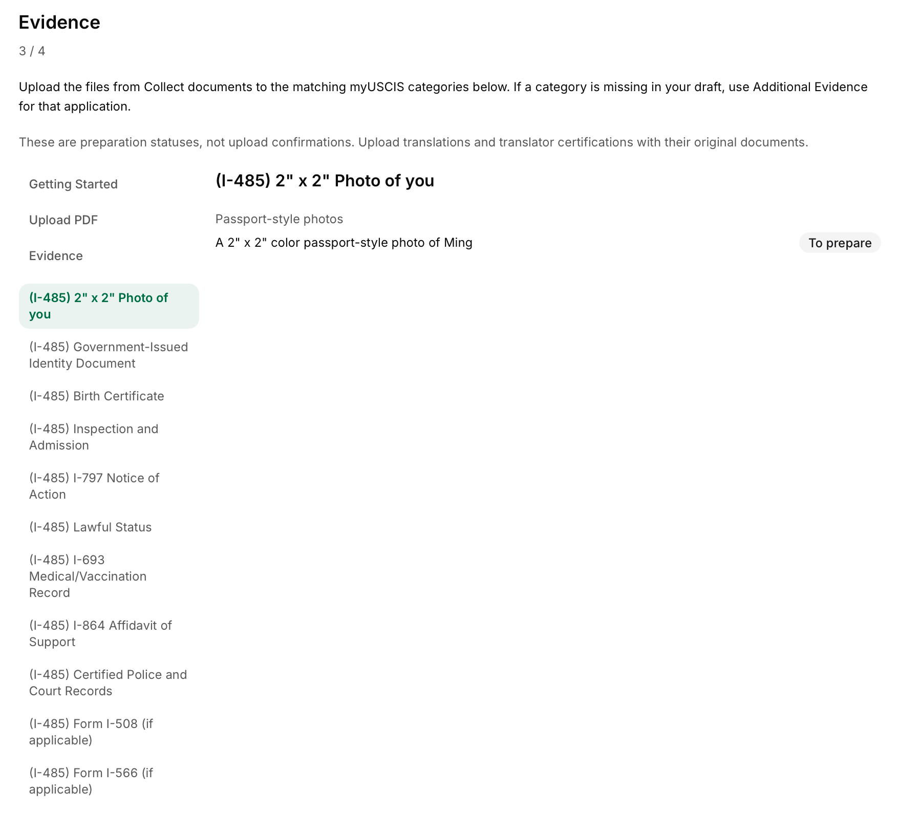 ezgreen Evidence page showing the I-485 passport-style photo item and matching evidence categories