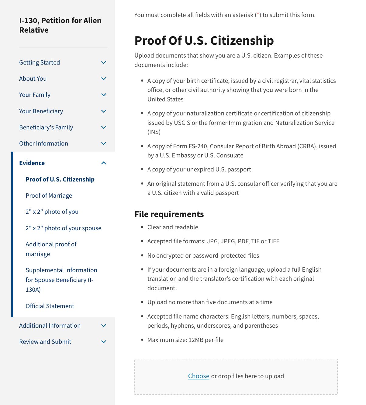 USCIS Proof of U.S. Citizenship page showing evidence instructions, file requirements and the Choose upload area