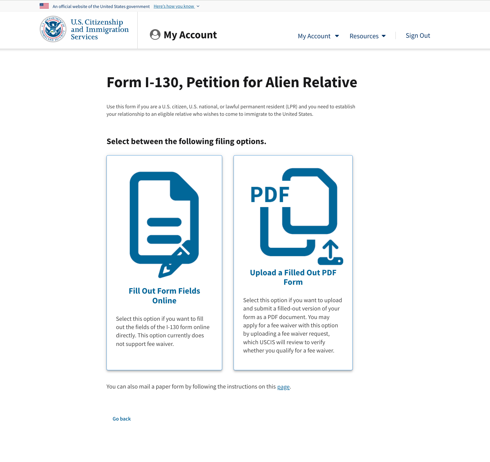 USCIS I-130 page offering Fill Out Form Fields Online and Upload a Filled Out PDF Form