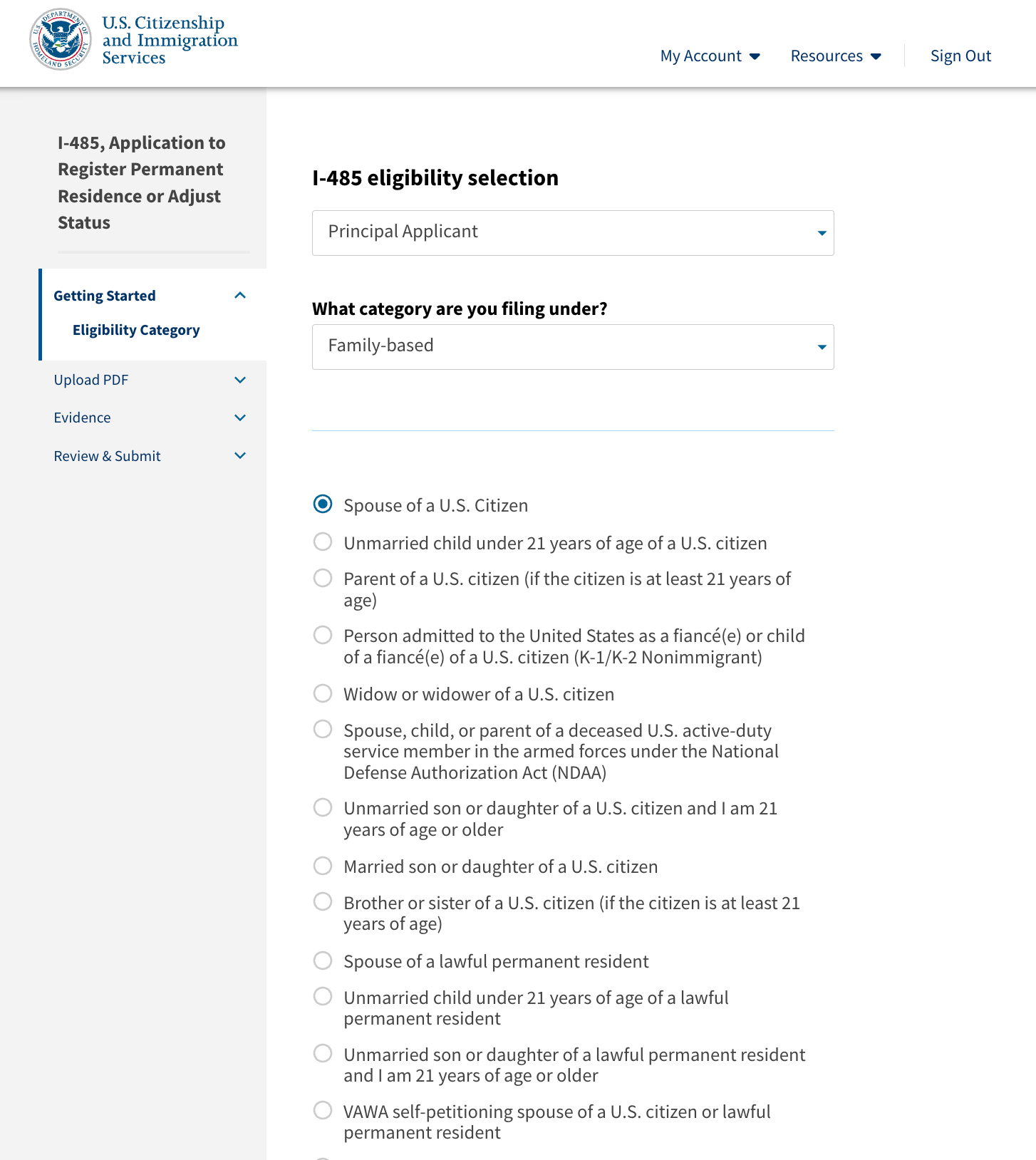 USCIS I-485 Eligibility Category page with Principal Applicant, Family-based and Spouse of a U.S. Citizen selected