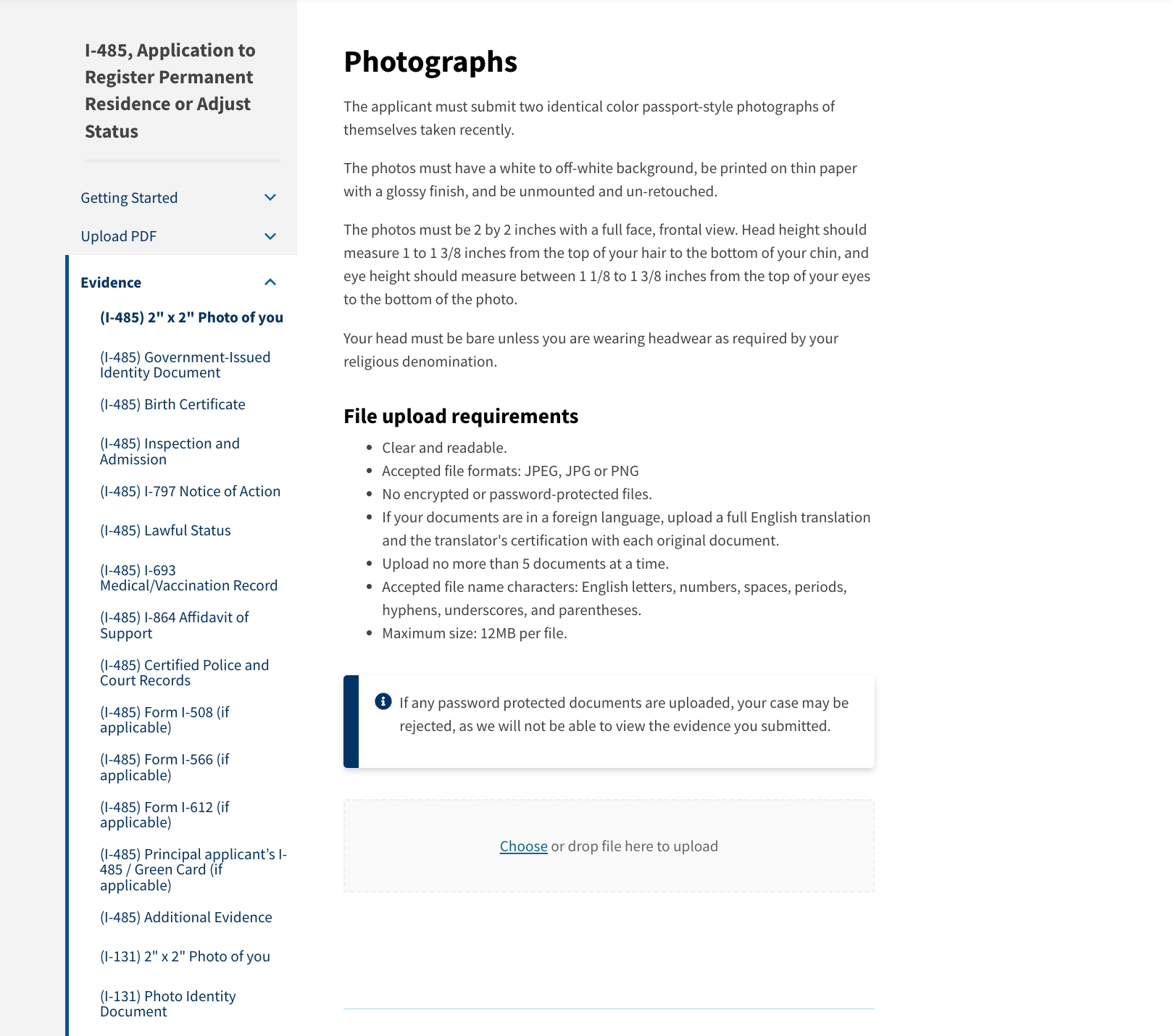 USCIS Photographs page with I-485 photo requirements, an upload area and Evidence categories in the sidebar