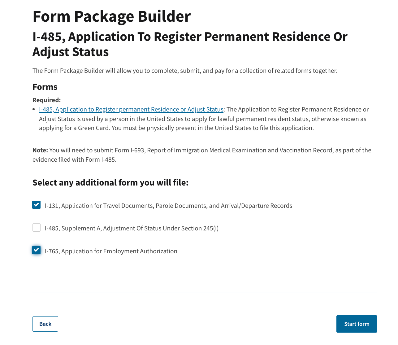 USCIS Form Package Builder with I-131 and I-765 checked