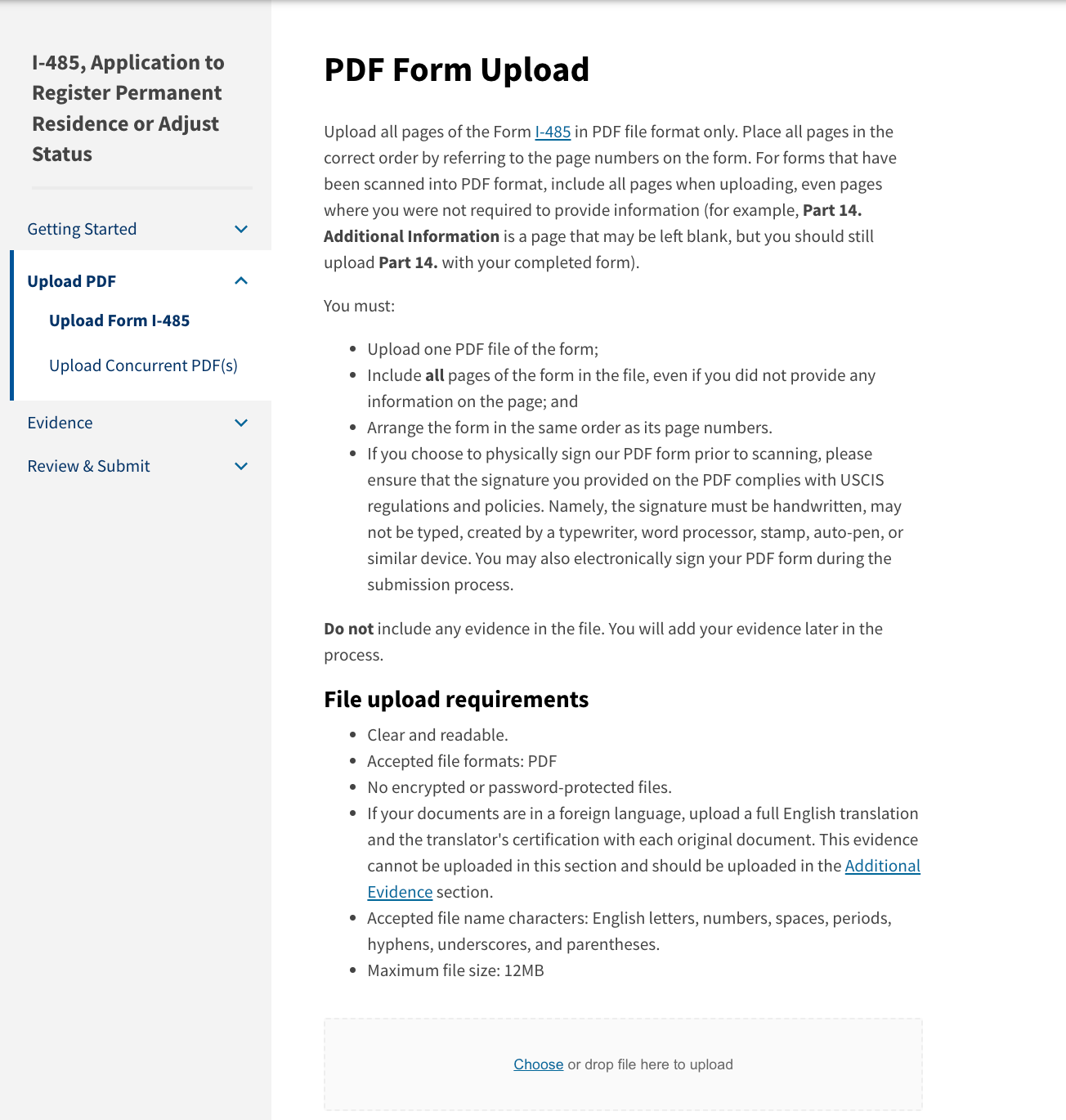 USCIS PDF Form Upload page showing I-485 upload instructions, signature guidance and the upload area