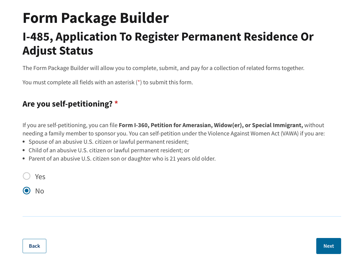 USCIS Form Package Builder with No selected for Are you self-petitioning