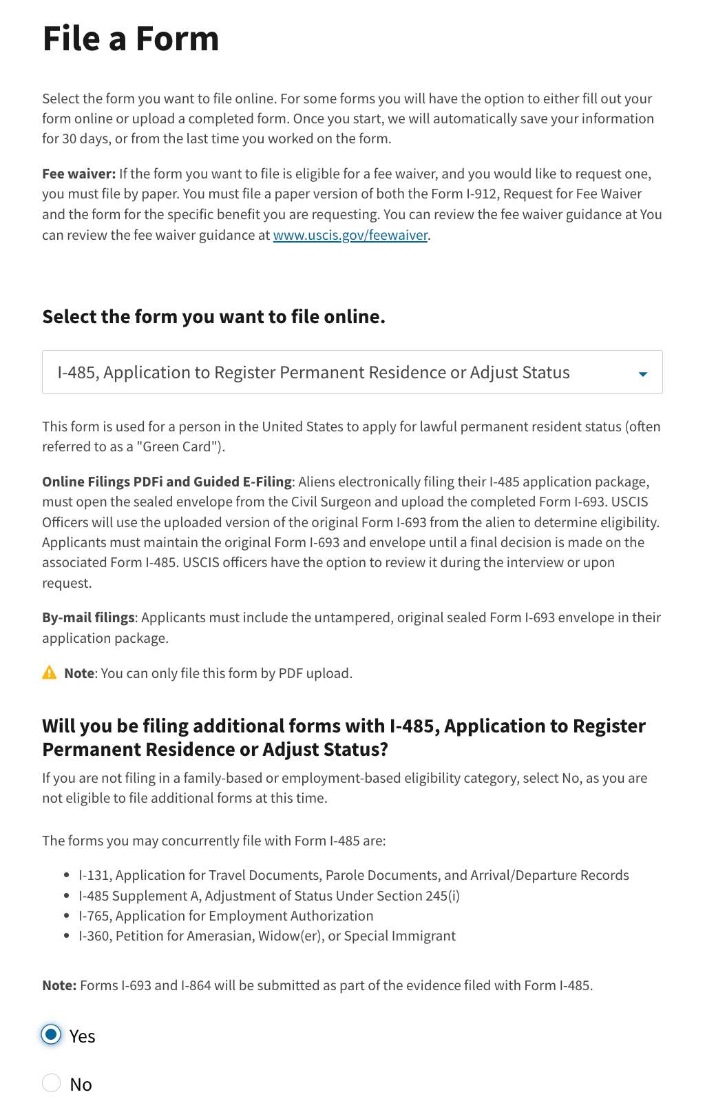 USCIS File a Form page with I-485 selected, asking whether additional forms will be filed with it